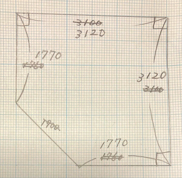 斜めカットの手書き図面例