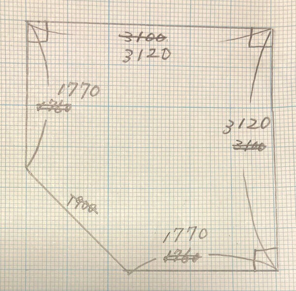 斜めカットの手書き図面例